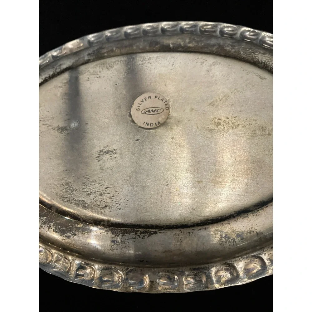 VTG Silver Plate Bread Plate Trinket Tray AMC India Floral Engraved Moradabad